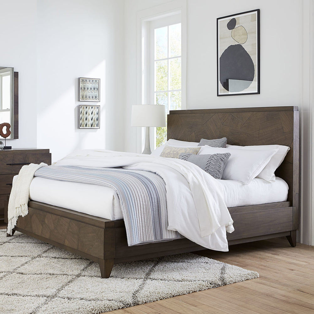Broderick Wood Panel Bed in Wild Oats Brown styled in a bedroom