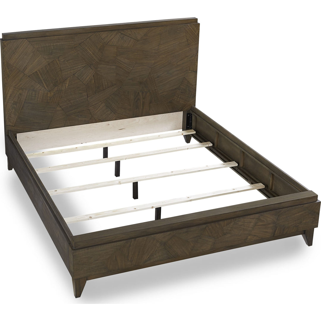 Broderick Wood Panel Bed in Wild Oats Brown — without mattress, showing slats