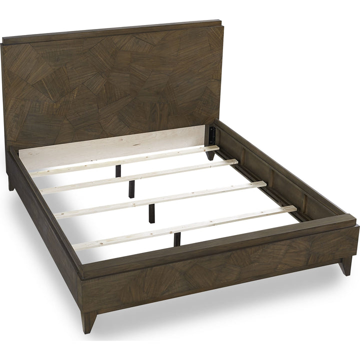 Broderick Wood Panel Bed in Wild Oats Brown — without mattress, showing slats