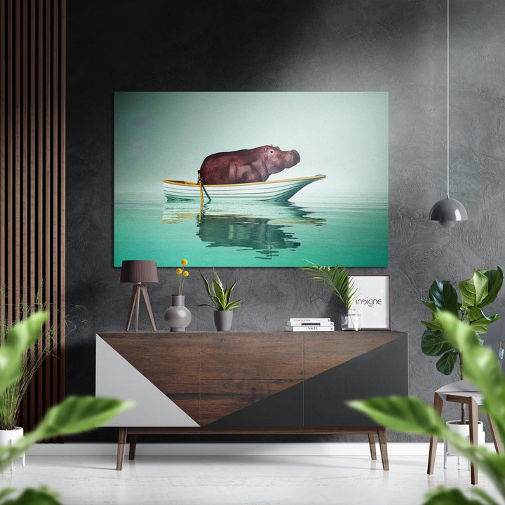 Hippo on a Run Brushed Aluminium Dibond Wall Art.
