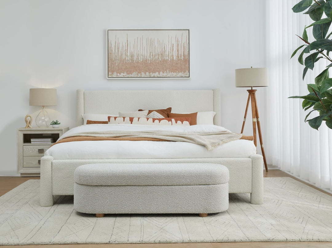 Burke Upholstered Platform Bed in Cottage Cheese Boucle styled in a bedroom