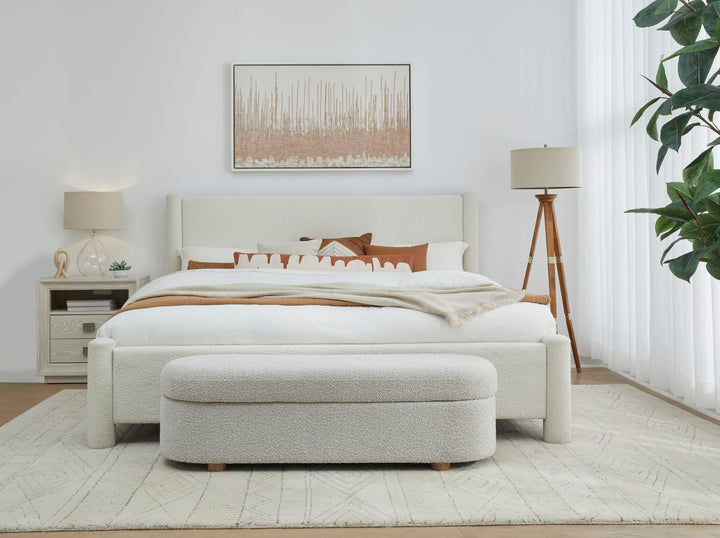 Burke Upholstered Platform Bed in Cottage Cheese Boucle styled in a bedroom
