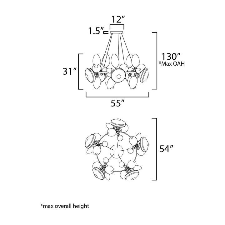 Ray Dance Cluster Ray Dance 30-Light 5 Cluster LED Pendant by Studio M Lighting – line drawing