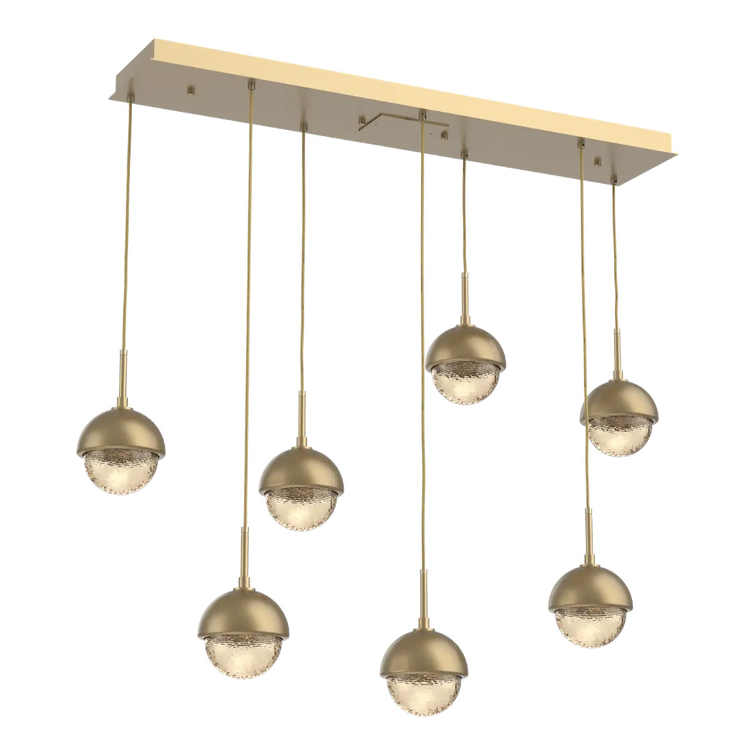 Cabochon Linear Pendant Chandelier by Hammerton Studio 7 Lights in Gilded Brass with Amber glass