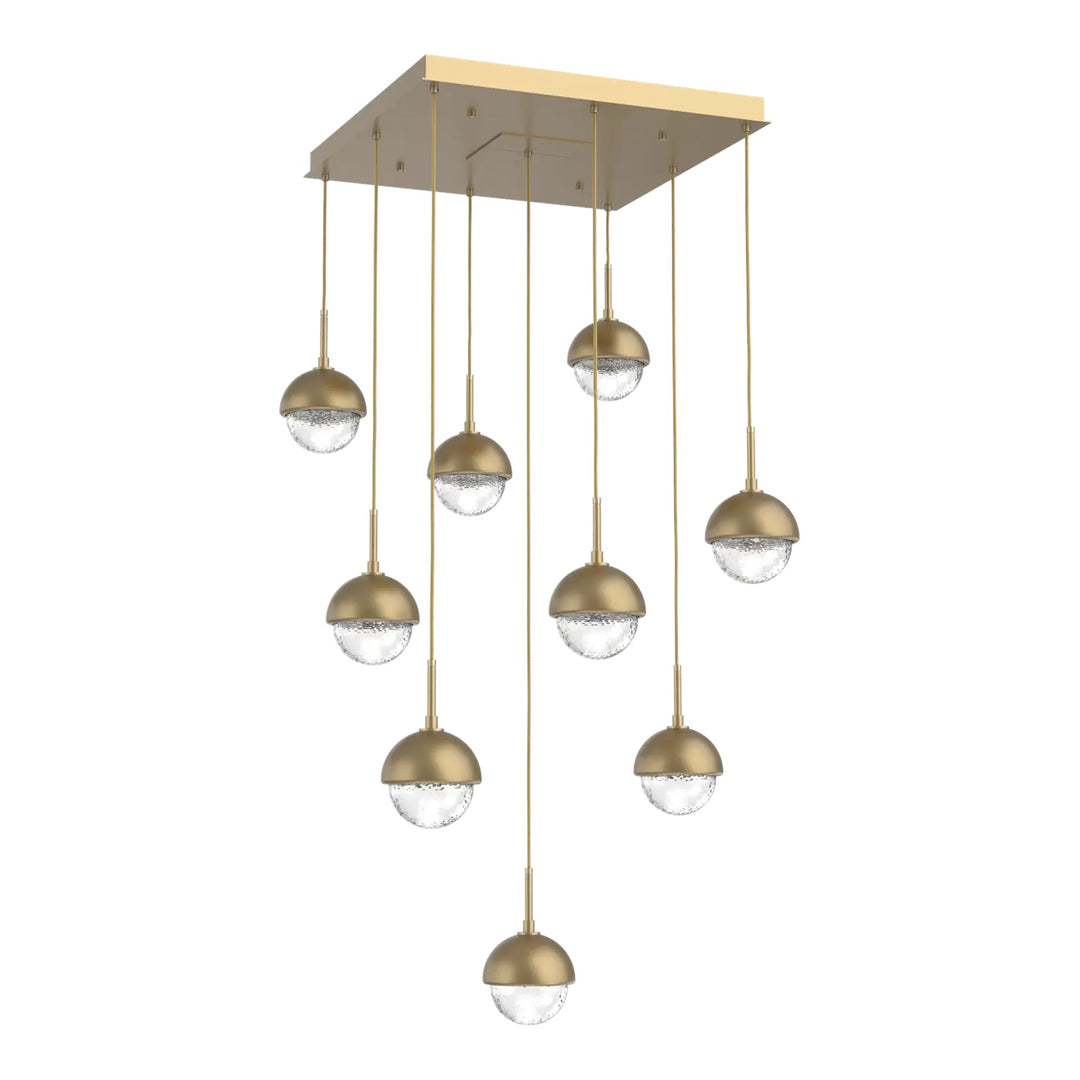 Cabochon Square Pendant Chandelier by Hammerton Studio 9 Lights in Gilded Brass with Clear glass