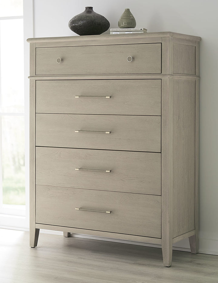 Camden Five Drawer Chest in Chai — styled in a room