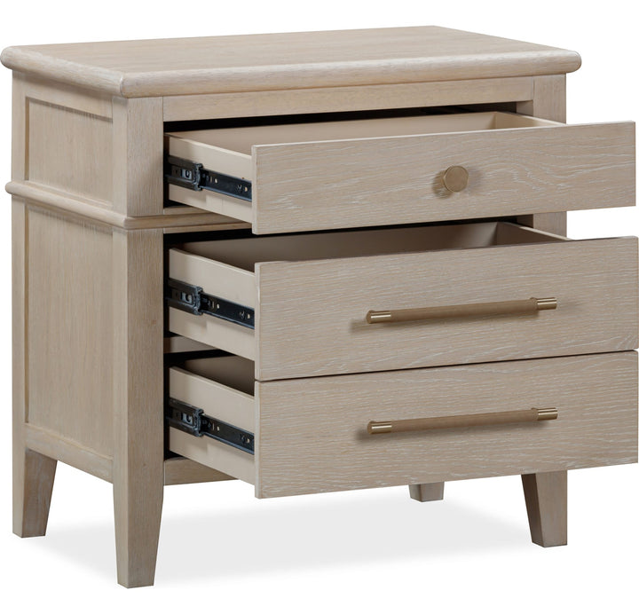 Camden Three Drawer Nightstand in Chai — with drawers open