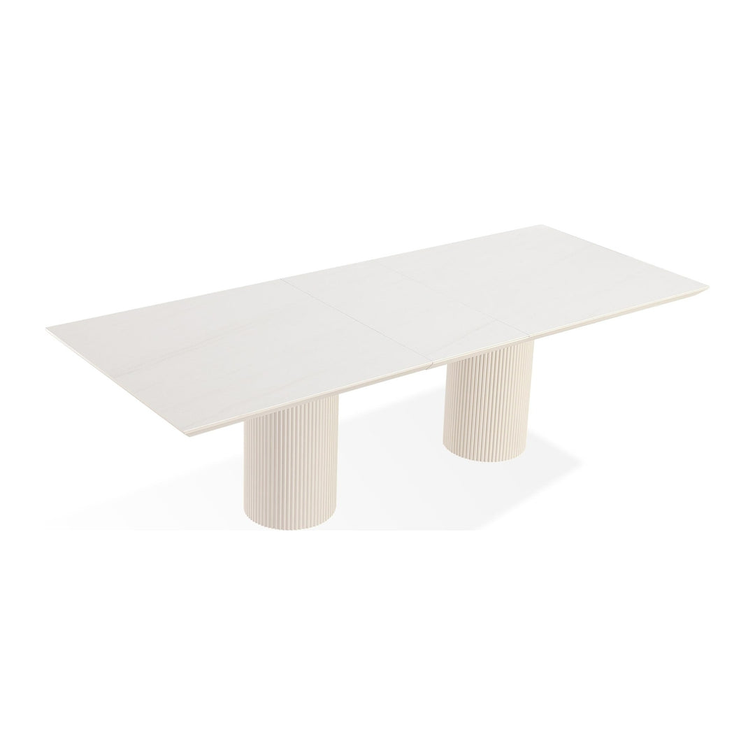 Cannon Stone Top Double Pedestal Extension Dining Table by Modus in Sintered Stone and Ivory — product view on a white background