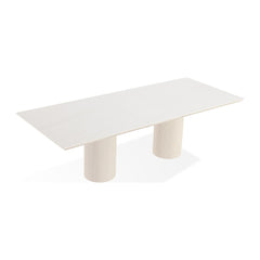 Cannon Stone Top Double Pedestal Extension Dining Table by Modus in Sintered Stone and Ivory — product view on a white background