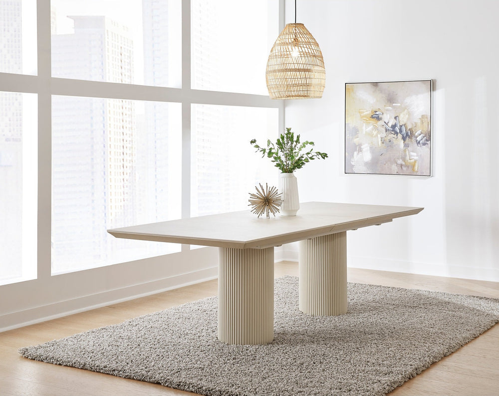 Cannon Stone Top Double Pedestal Extension Dining Table in Sintered Stone and Ivory — lifestyle photo