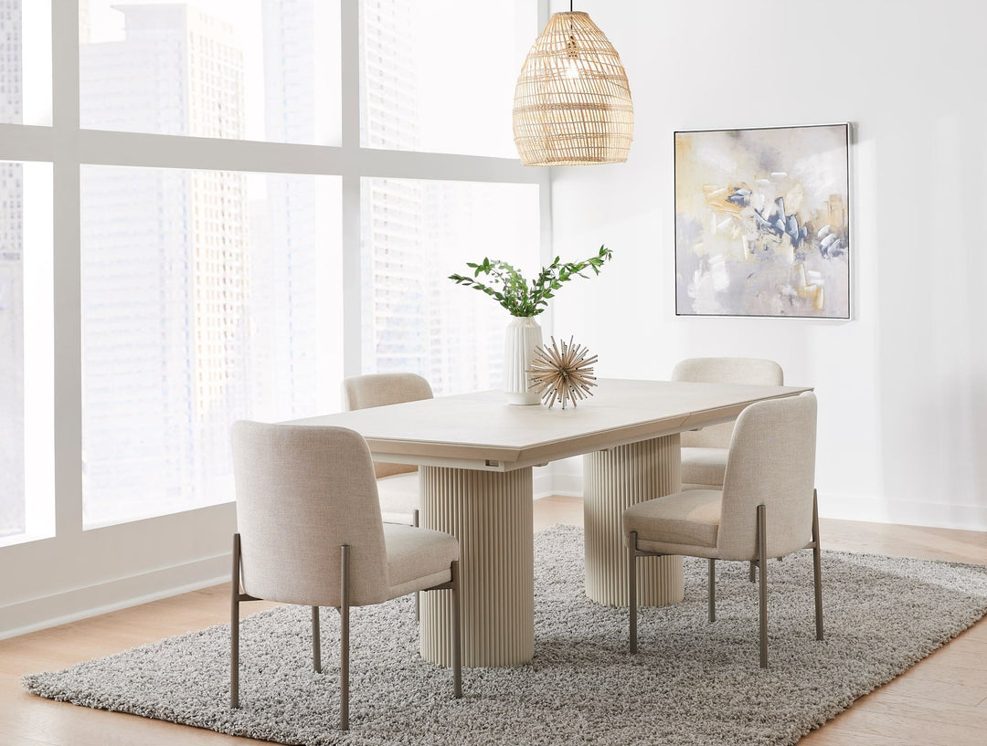 Cannon Stone Top Double Pedestal Extension Dining Table in Sintered Stone and Ivory — lifestyle photo