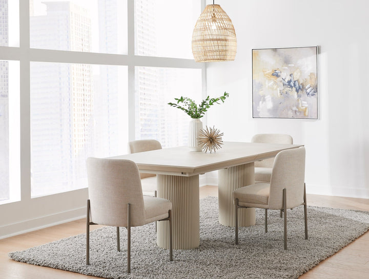 Cannon Stone Top Double Pedestal Extension Dining Table in Sintered Stone and Ivory — lifestyle photo