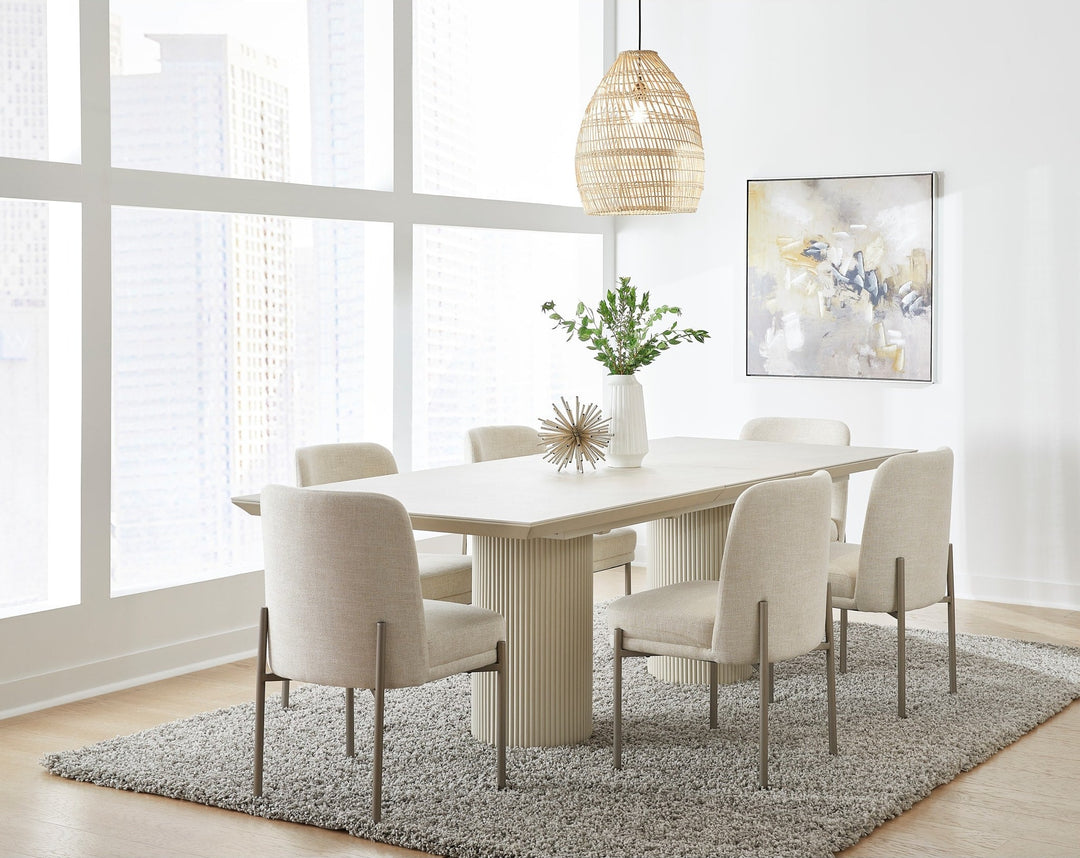 Cannon Stone Top Double Pedestal Extension Dining Table in Sintered Stone and Ivory — lifestyle photo