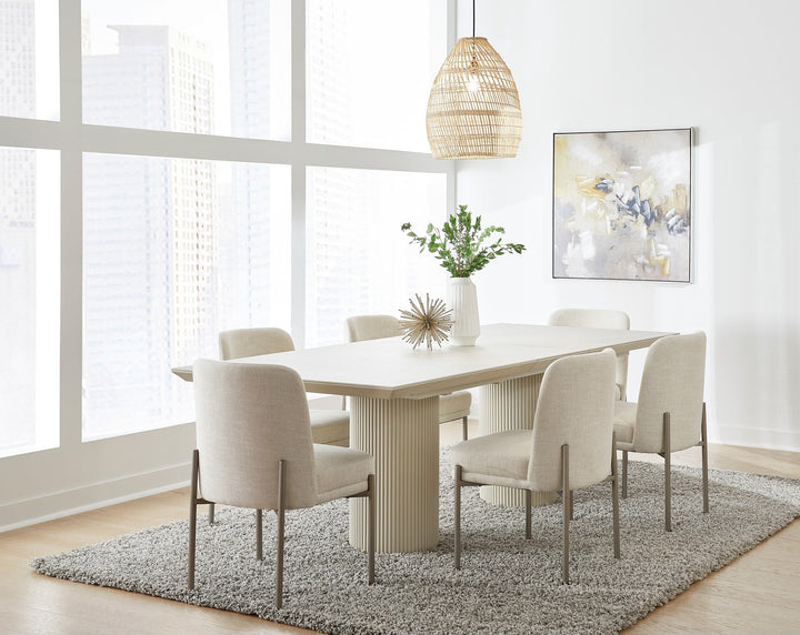 Cannon Stone Top Double Pedestal Extension Dining Table in Sintered Stone and Ivory — lifestyle photo