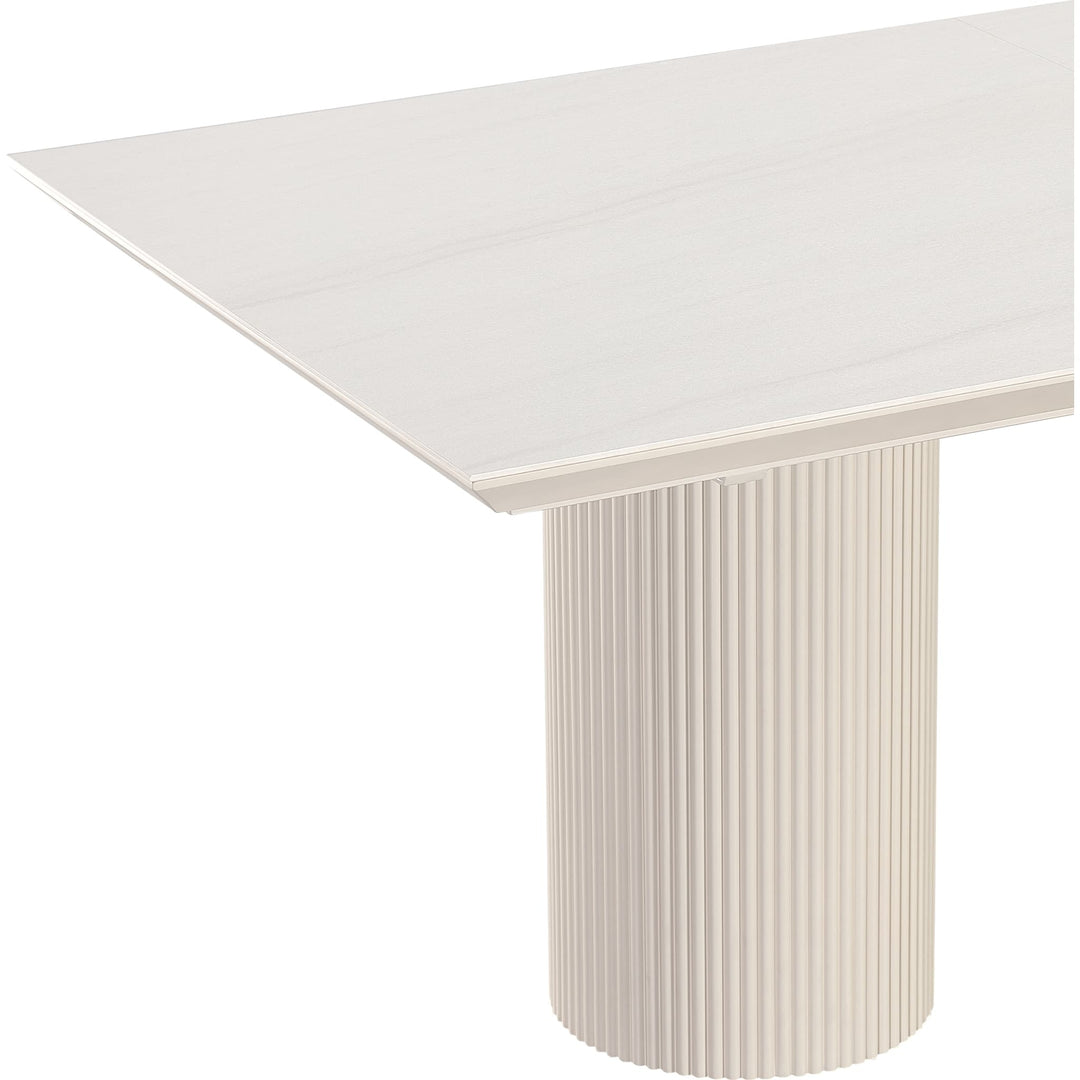 Cannon Stone Top Double Pedestal Extension Dining Table in Sintered Stone and Ivory — product view on a white background