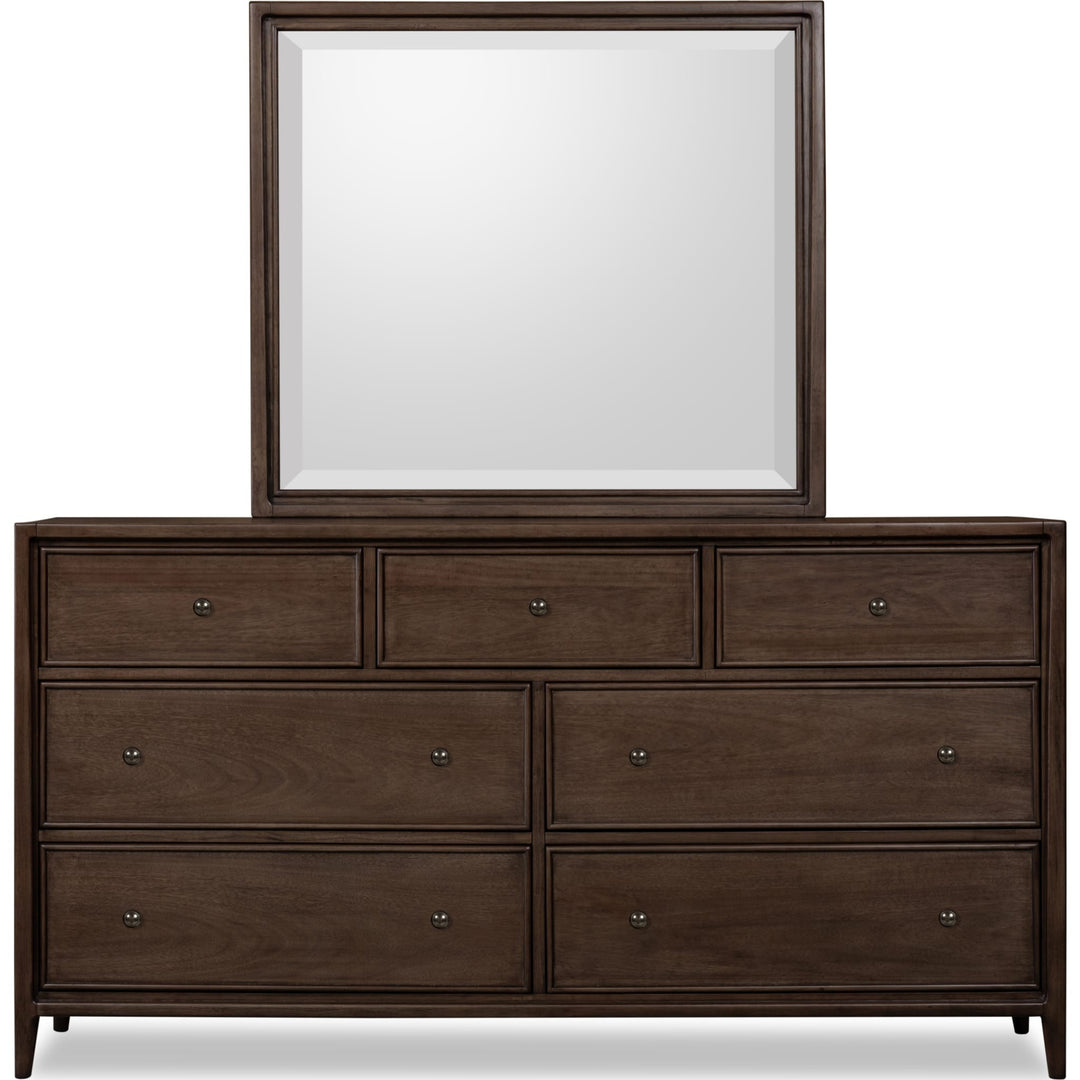 Carlisle Dresser Mirror in Pecan Pie — on a white background, mounted on the matching dresser (sold separately)