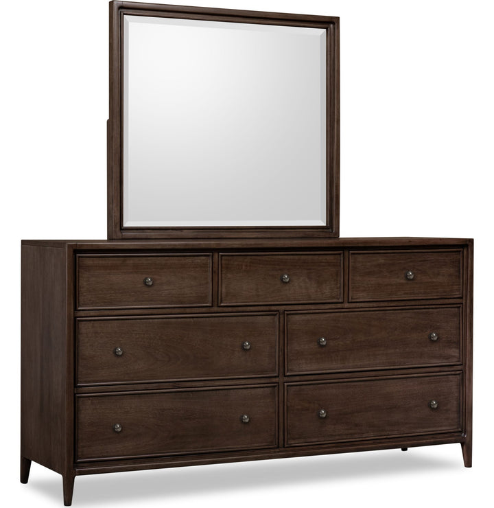 Carlisle Dresser Mirror in Pecan Pie — on a white background, mounted on the matching dresser (sold separately)