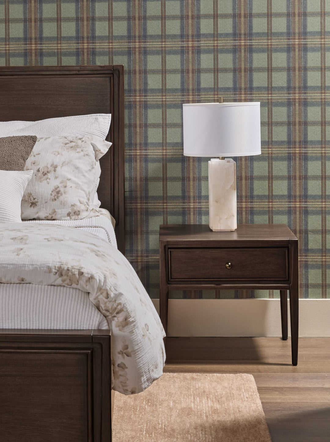 Carlisle One Drawer Nightstand with Cord Management in Pecan Pie — in a bedroom setting