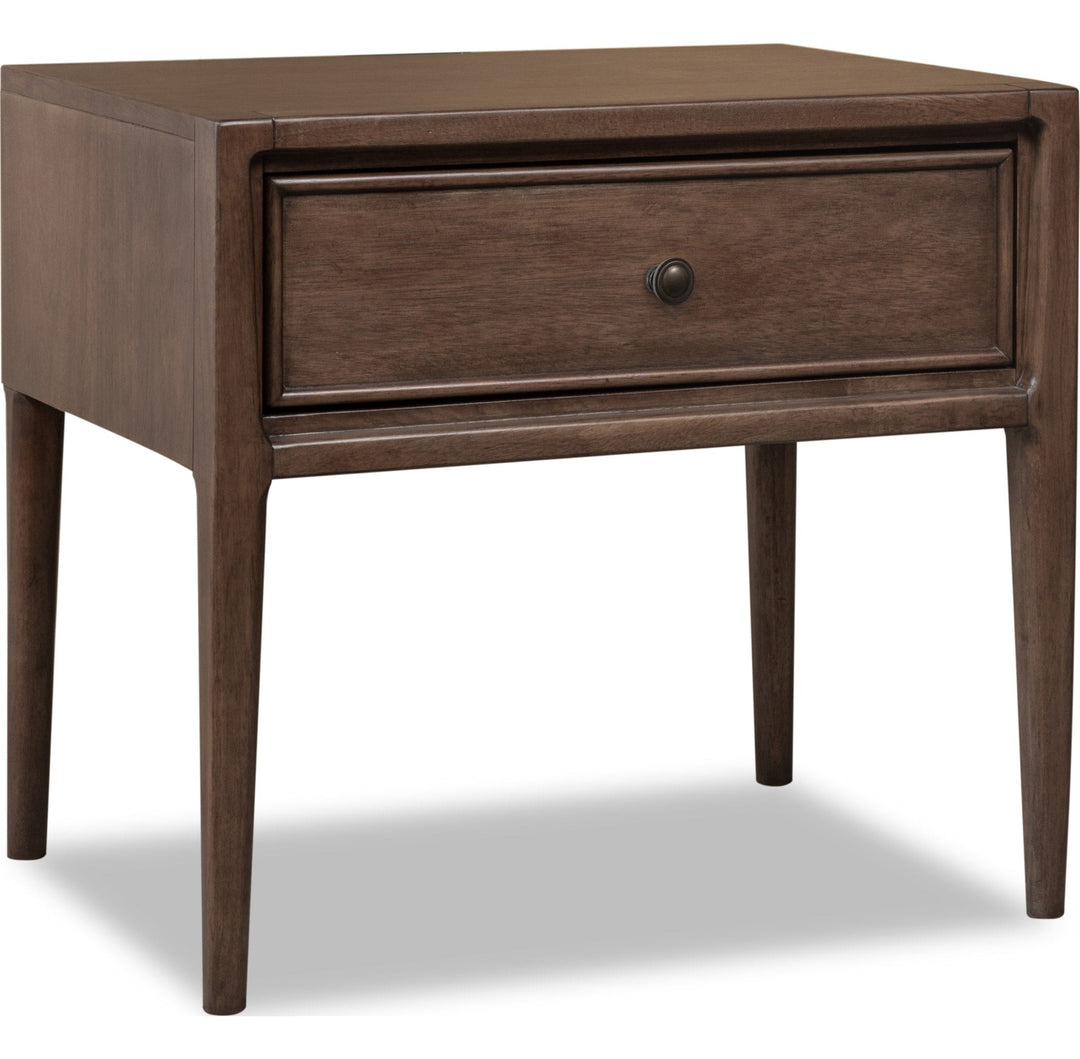 Carlisle One Drawer Nightstand with Cord Management in Pecan Pie — on a white background