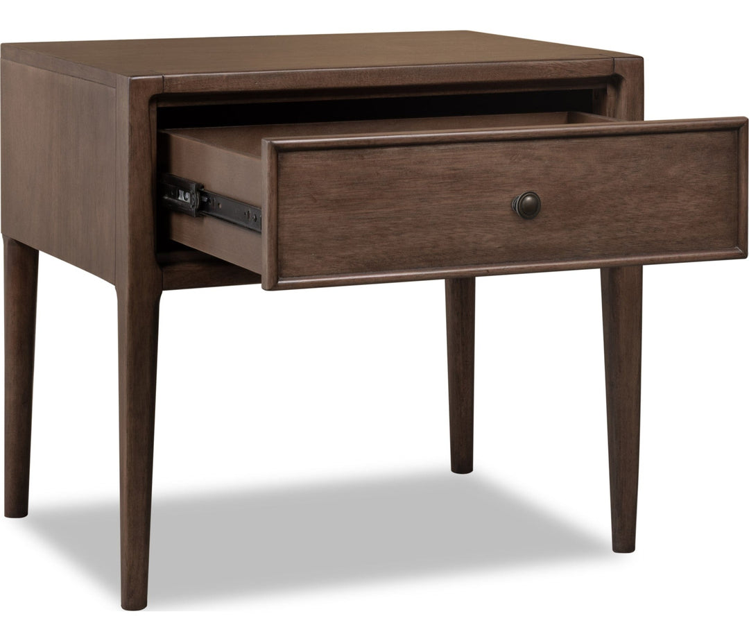 Carlisle One Drawer Nightstand with Cord Management in Pecan Pie — with drawers open