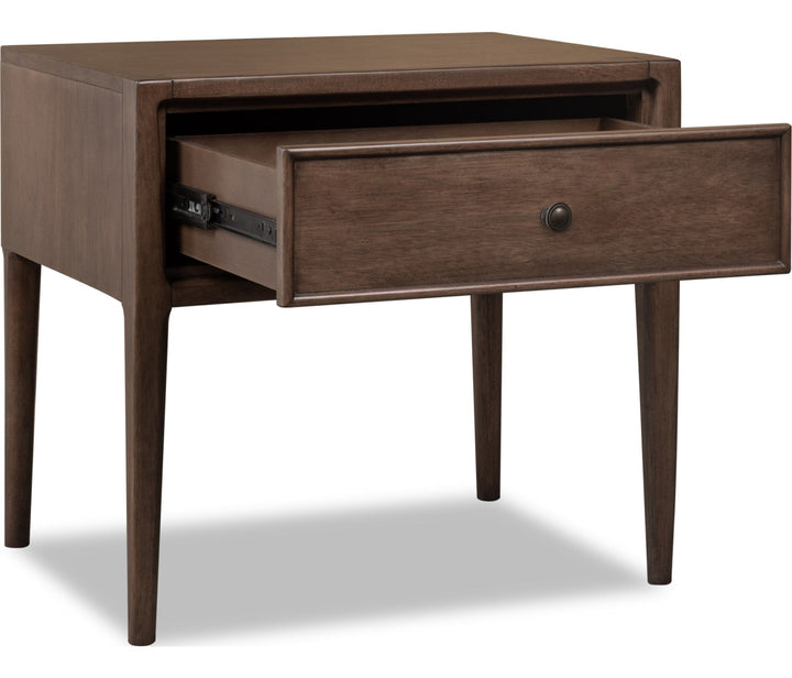 Carlisle One Drawer Nightstand with Cord Management in Pecan Pie — with drawers open