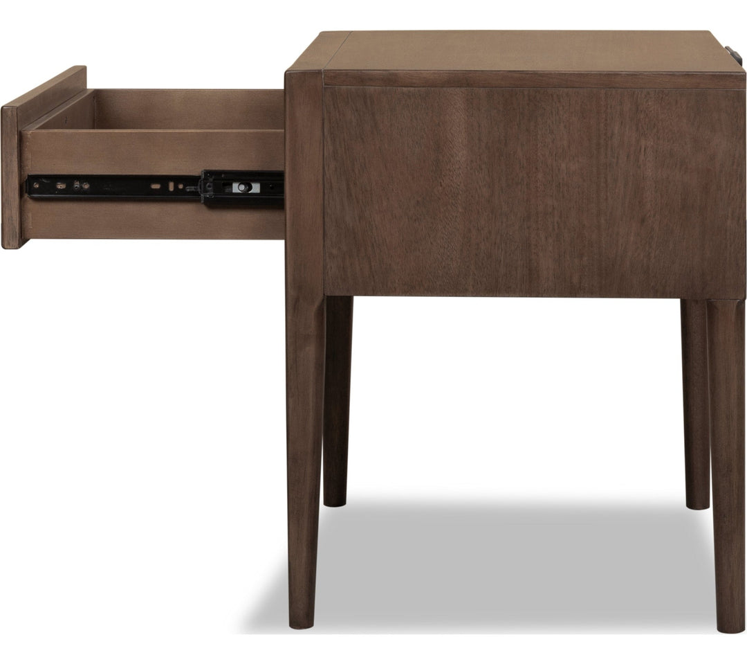 Carlisle One Drawer Nightstand with Cord Management in Pecan Pie — with drawers open
