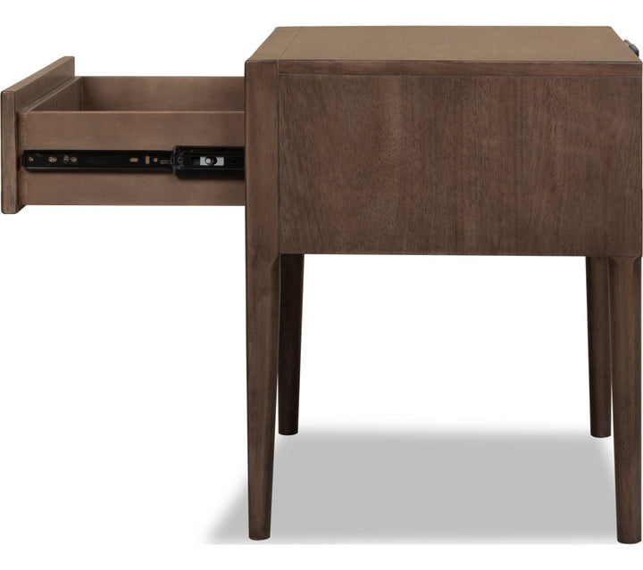 Carlisle One Drawer Nightstand with Cord Management in Pecan Pie — with drawers open