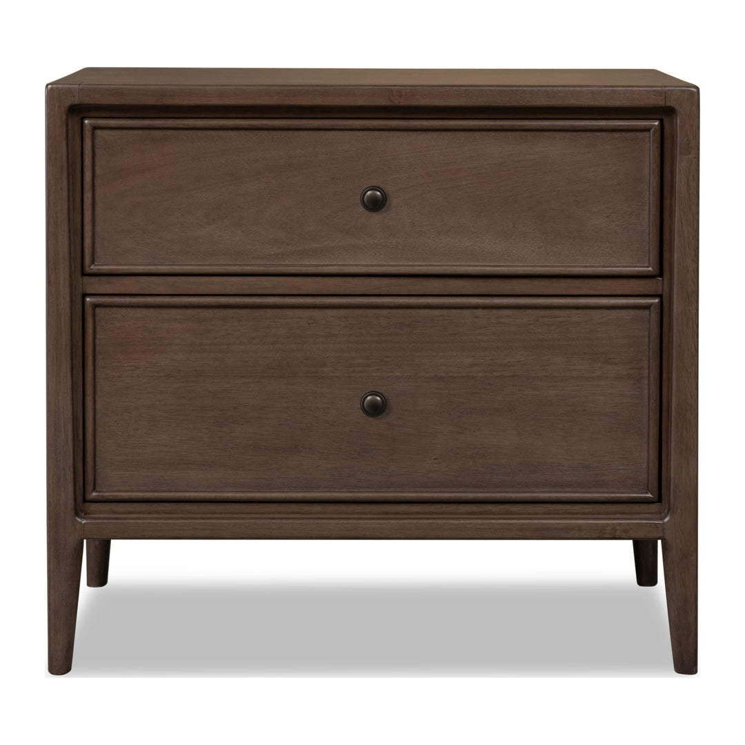 Carlisle Two Drawer Nightstand with Cord Management by Modus in Pecan Pie — on a white background