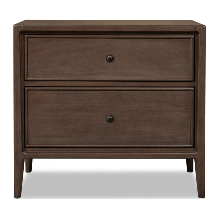Carlisle Two Drawer Nightstand with Cord Management by Modus in Pecan Pie — on a white background