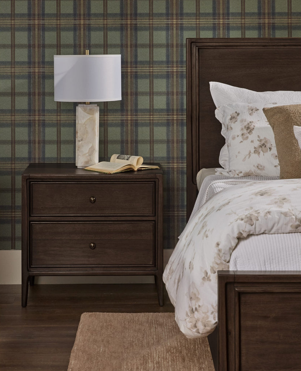 Carlisle Two Drawer Nightstand with Cord Management in Pecan Pie — in a bedroom setting