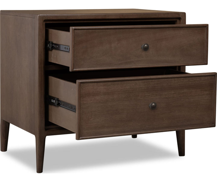 Carlisle Two Drawer Nightstand with Cord Management in Pecan Pie — with drawers open