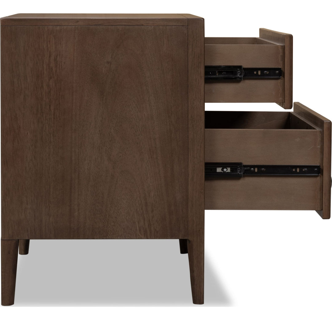Carlisle Two Drawer Nightstand with Cord Management in Pecan Pie — with drawers open