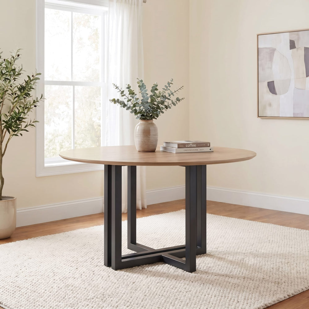 CEO Round Sintered Stone Dining Table in Gunmetal and Washed Oak — lifestyle photo