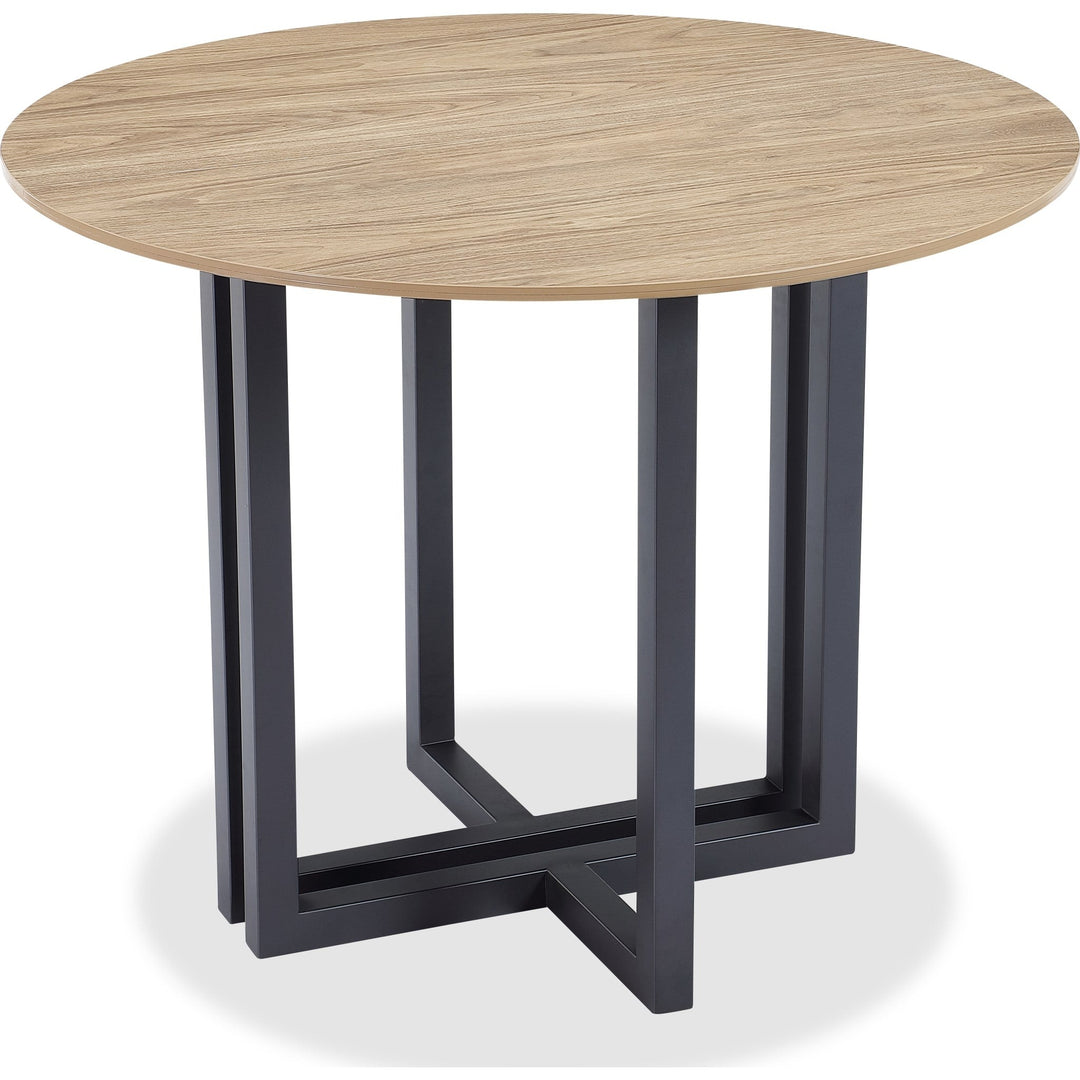CEO Round Sintered Stone Dining Table in Gunmetal and Washed Oak — product view on a white background