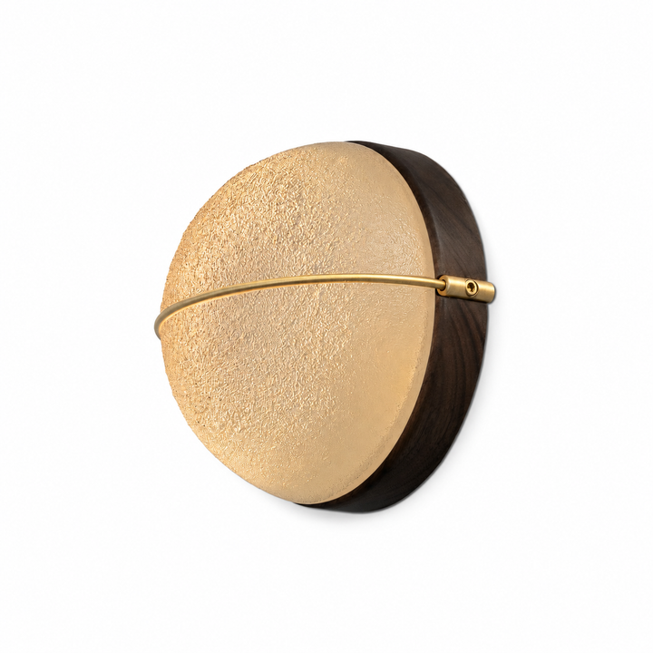 Cerno Sona Sconce in satin brushed brass and dark stained walnut on white