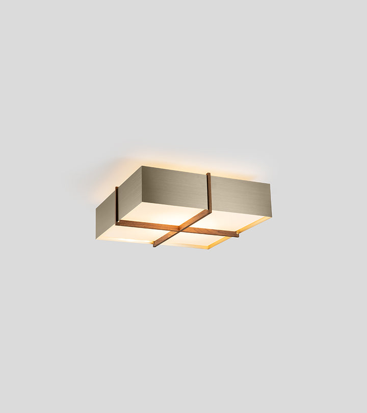 Cerno Veram LED Flush Mount in distressed brass and walnut