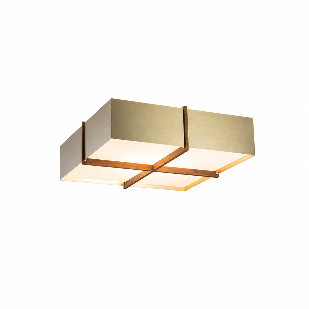 Cerno Veram LED Flush Mount in brushed brass and walnut on white