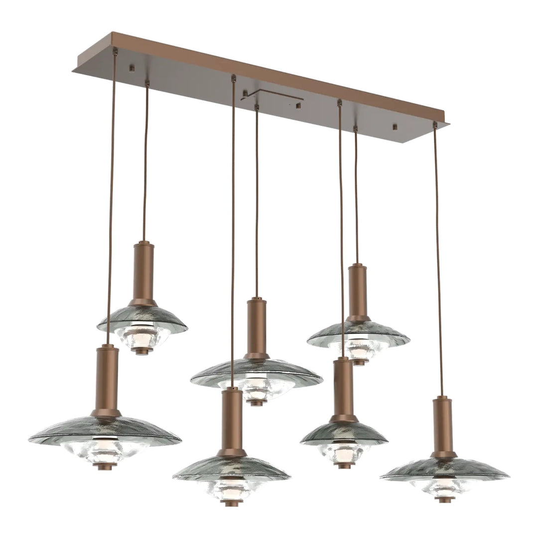 Cirrus Linear Pendant Chandelier by Hammerton Studio in Burnished Bronze with Smoke Granite glass (7 Lights)