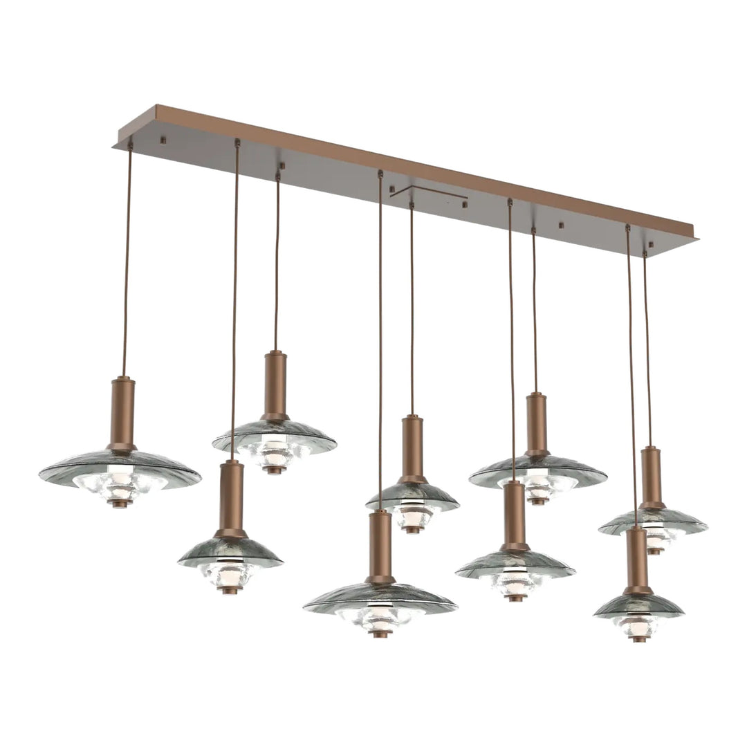 Cirrus Linear Pendant Chandelier by Hammerton Studio in Burnished Bronze with Smoke Granite glass (9 Lights)