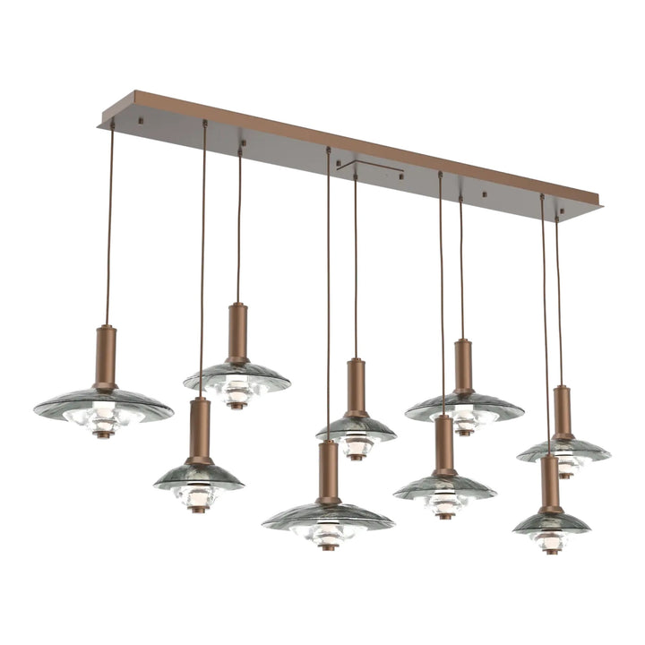 Cirrus Linear Pendant Chandelier by Hammerton Studio in Burnished Bronze with Smoke Granite glass (9 Lights)