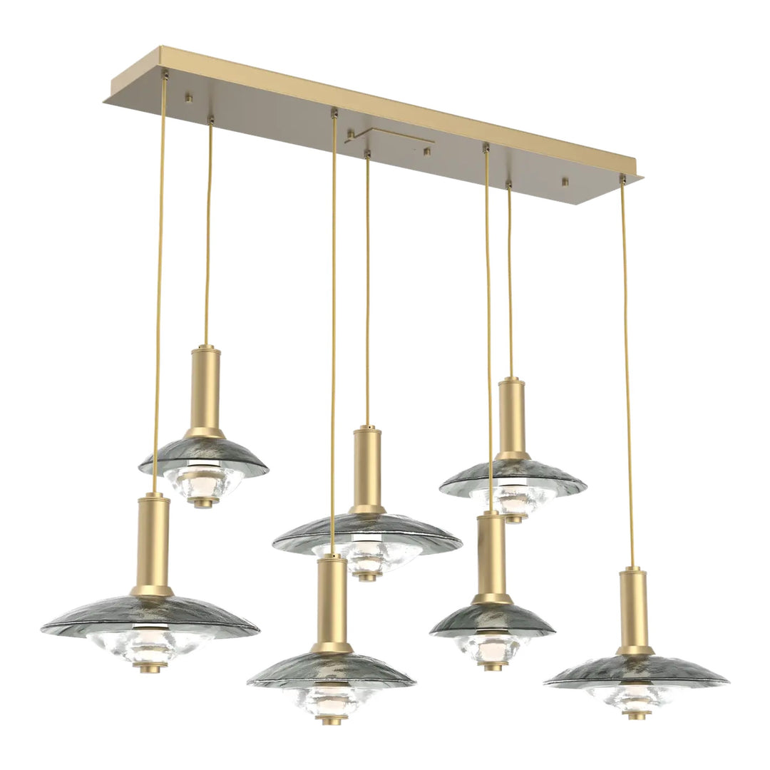 Cirrus Linear Pendant Chandelier by Hammerton Studio in Gilded Brass with Smoke Granite glass (7 Lights)