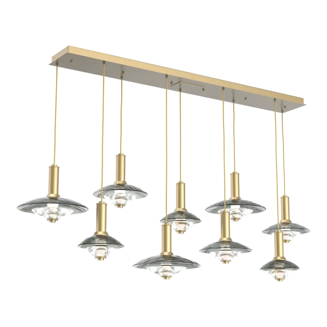 Cirrus Linear Pendant Chandelier by Hammerton Studio in Gilded Brass with Smoke Granite glass (9 Lights)