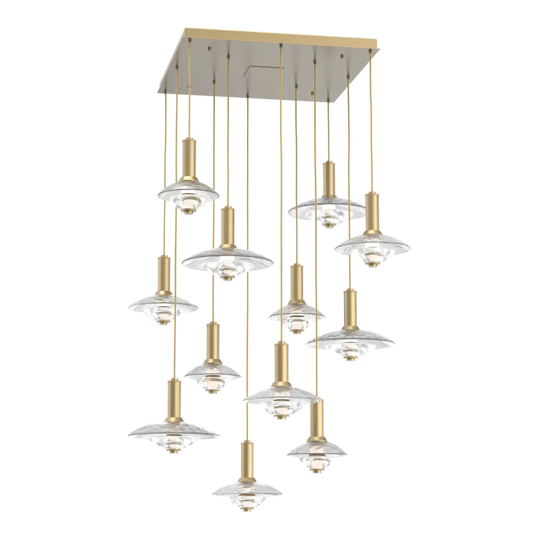 Cirrus Square Pendant Chandelier by Hammerton Studio in Gilded Brass with Clear Granite glass (12 Lights)