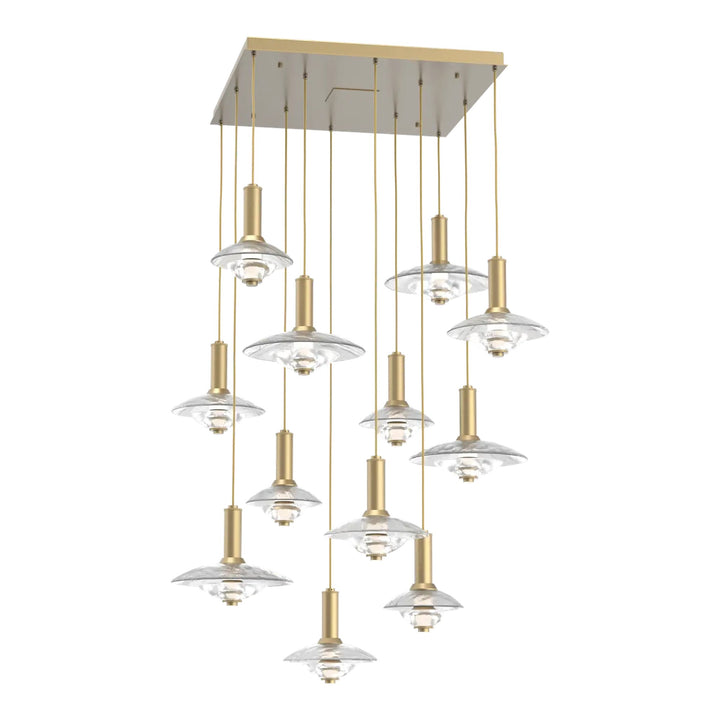Cirrus Square Pendant Chandelier by Hammerton Studio in Gilded Brass with Clear Granite glass (12 Lights)