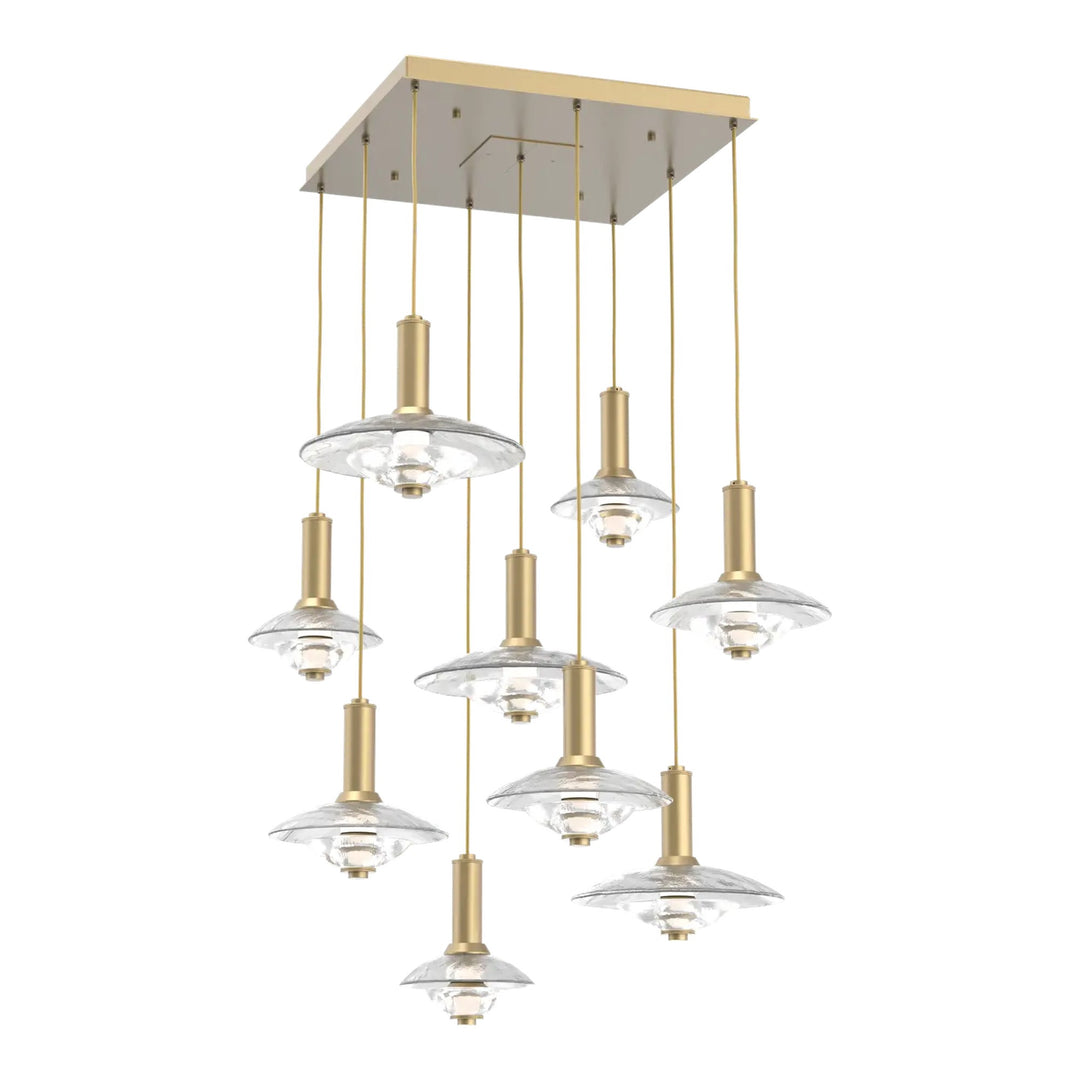 Cirrus Square Pendant Chandelier by Hammerton Studio in Gilded Brass with Clear Granite glass (9 Lights)