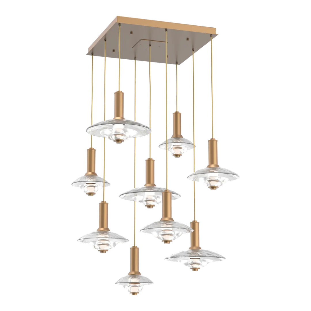 Cirrus Square Pendant Chandelier by Hammerton Studio in Novel Brass with Clear Granite glass (9 Lights)