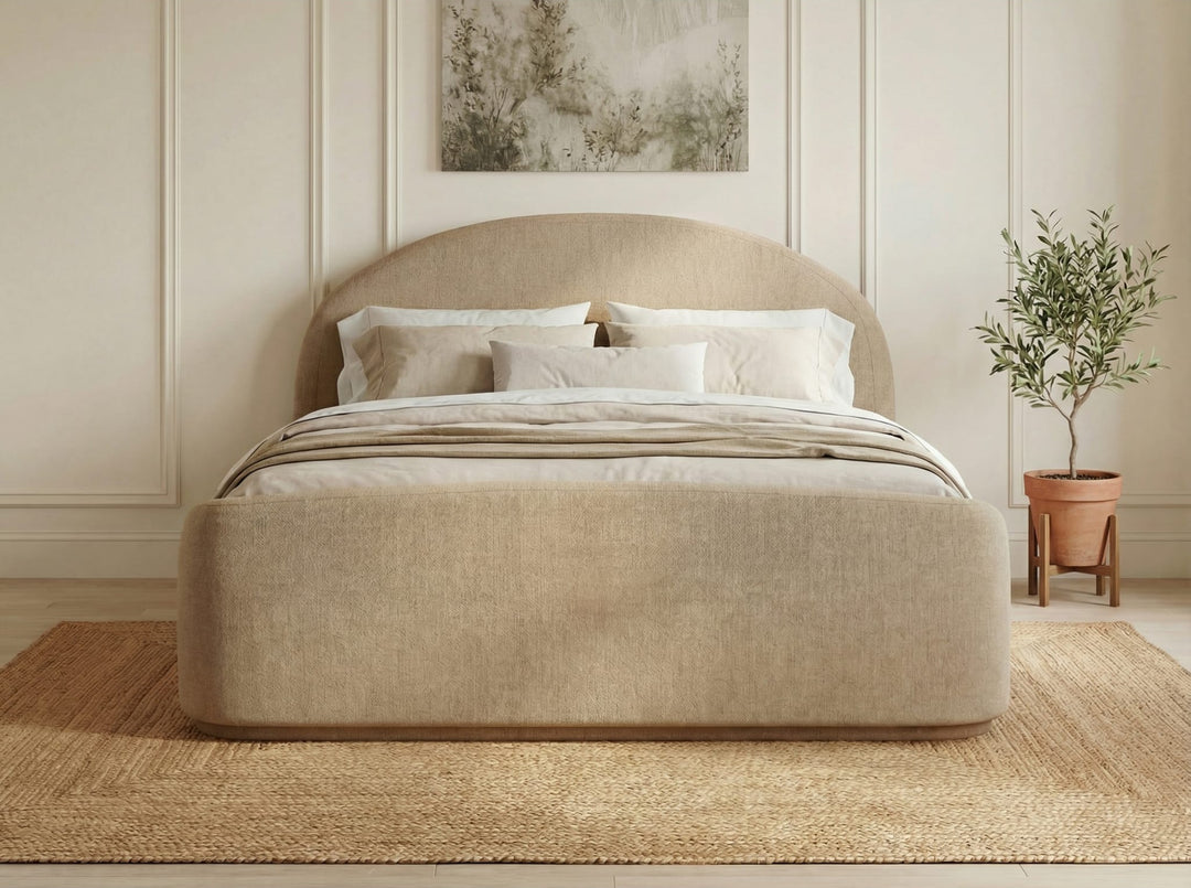 Colton Upholstered Bed in Sourdough styled in a bedroom
