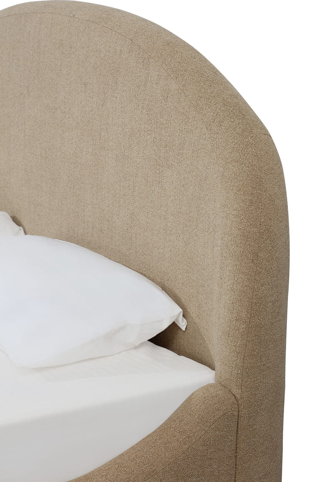 Colton Upholstered Bed in Sourdough — close-up of the curved headboard