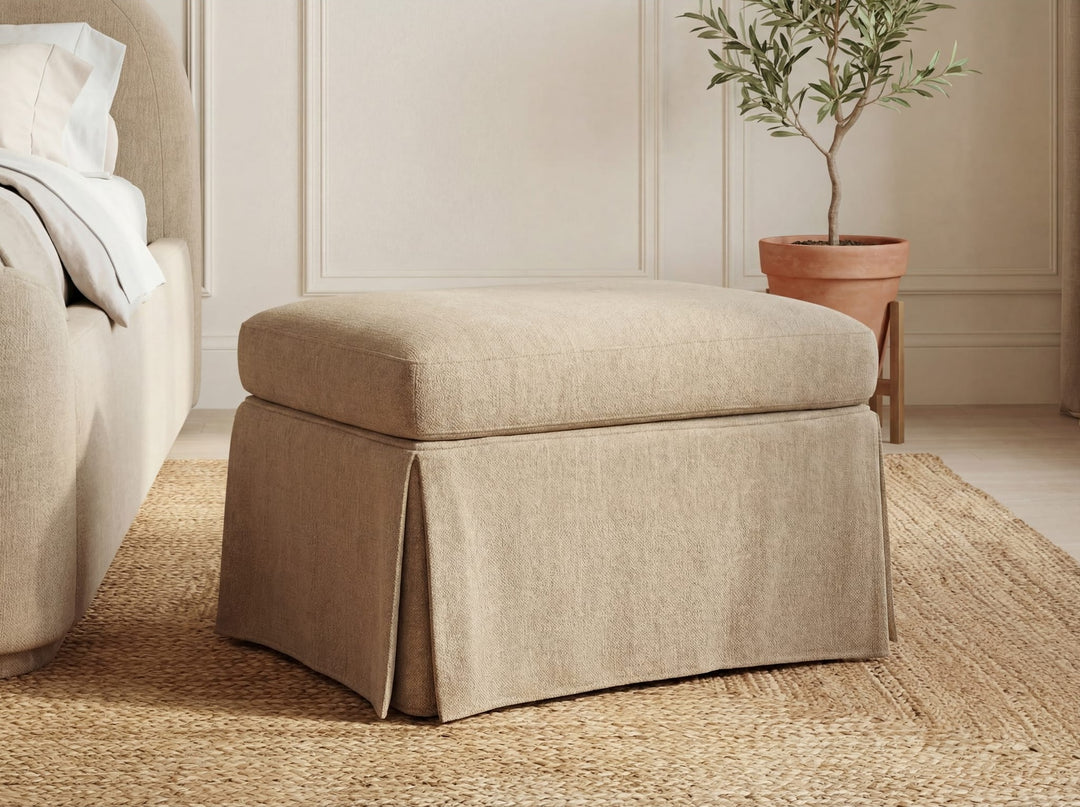 Colton Upholstered Storage Ottoman in Sourdough — styled in a room