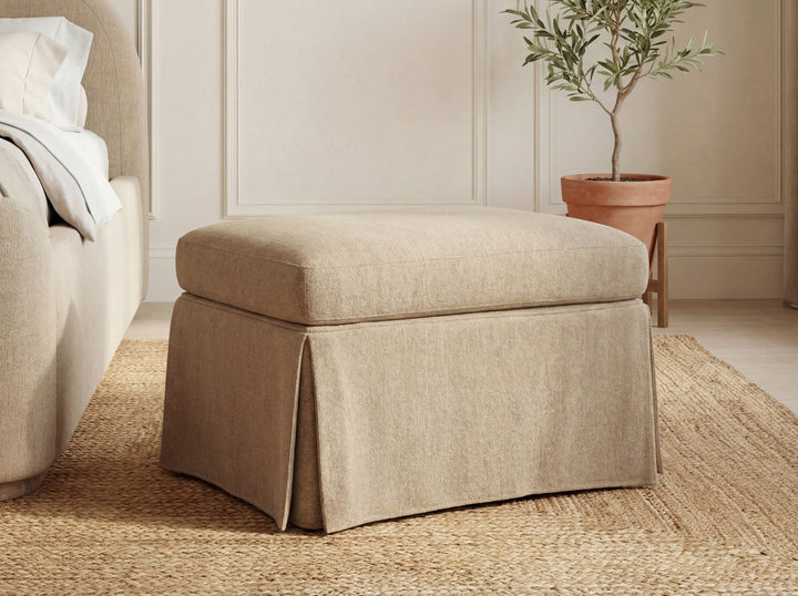 Colton Upholstered Storage Ottoman in Sourdough — styled in a room